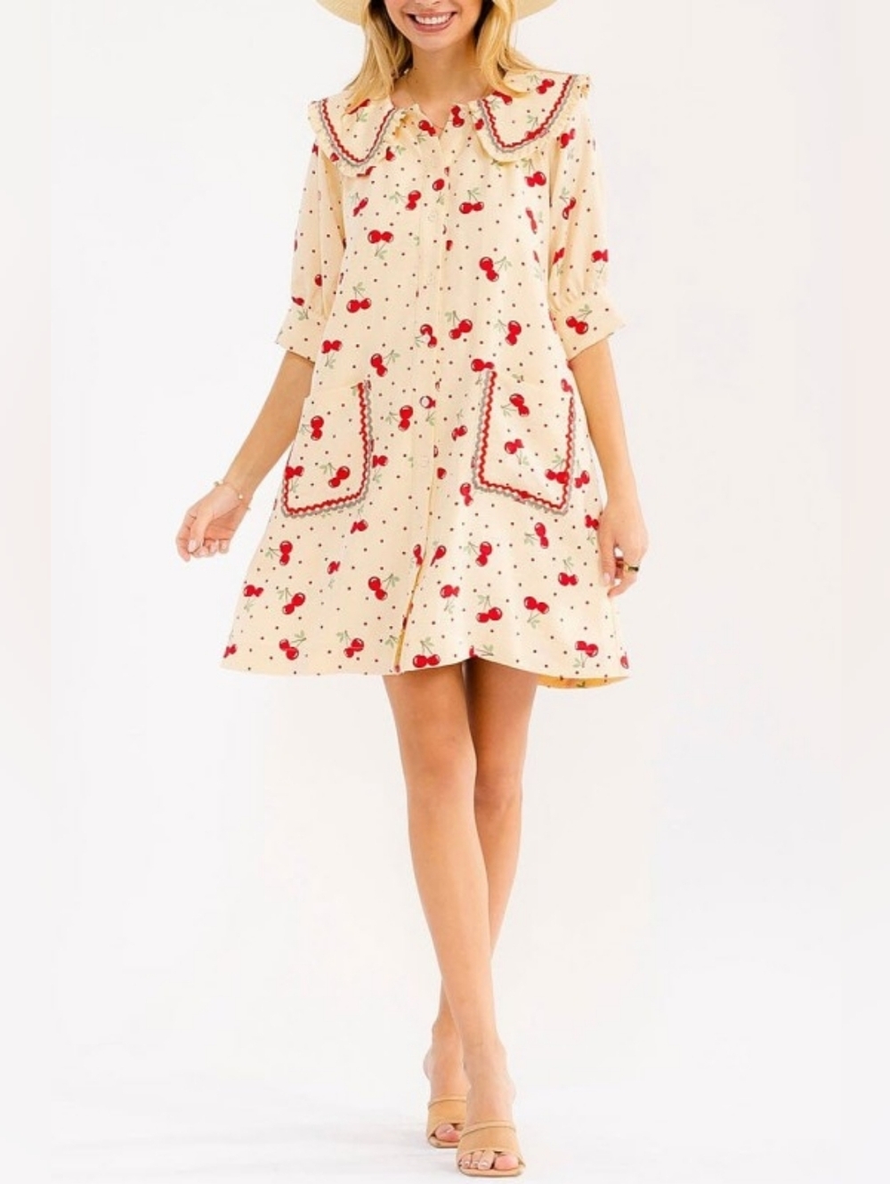 2-0503 Cream Cherry-Print MOD Retro Midi Dress with Contrast Trim